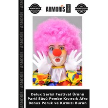 Armoris Delux Serisi Festival Ürünü Parti Süsü Pembe Kıvırcık Afro Bonus Peruk ve Kırmızı Burun