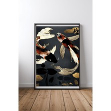 Keyf Home Metallic Koi Iv Siyah Çerçeveli Mdf Tablo Poster Salon Duvar Dekoru Hediye