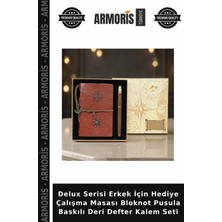 Armoris Delux Serisi Erkek Için Hediye Çalışma Masası Bloknot Pusula Baskılı Deri Defter Kalem Seti