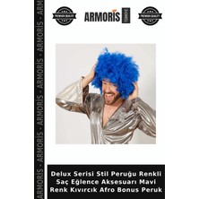 Armoris Delux Serisi Stil Peruğu Renkli Saç Eğlence Aksesuarı Mavi Renk Kıvırcık Afro Bonus Peruk