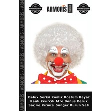 Armoris Delux Serisi Komik Kostüm Beyaz Renk Kıvırcık Afro Bonus Peruk Saç ve Kırmızı Sünger Burun Seti