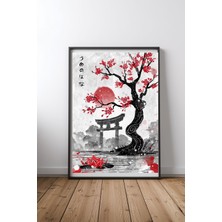 Keyf Home Japanese Garden With Red Blossoms And Torii Siyah Çerçeveli Mdf Tablo Poster Salon Duvar Dekoru