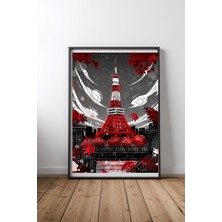 Keyf Home Tokyo Tower In Red And Gray Siyah Çerçeveli Mdf Tablo Poster Salon Duvar Dekoru Hediye