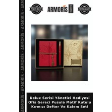 Armoris Delux Serisi Yönetici Hediyesi Ofis Gereci Pusula Motif Kutulu Kırmızı Defter ve Kalem Seti