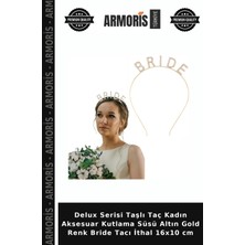 Armoris Delux Serisi Taşlı Taç Kadın Aksesuar Kutlama Süsü Altın Gold Renk Bride Tacı Ithal 16X10 cm