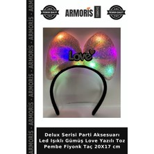 Armoris Delux Serisi Parti Aksesuarı LED Işıklı Gümüş Love Yazılı Toz Pembe Fiyonk Taç 20X17 cm
