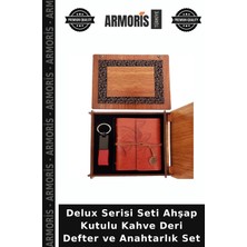 Armoris Delux Serisi Seti Ahşap Kutulu Kahve Deri Defter ve Anahtarlık Set