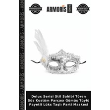 Armoris Delux Serisi Stil Sahibi Tören Süs Kostüm Parçası Gümüş Tüylü Payetli Lüks Taşlı Parti Maskesi