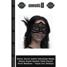 Armoris Delux Serisi Çekici Görünüm Moda Detay Siyah Dantel Tüllü Peçeli Parti Maskesi - Tüylü Inci Detaylı