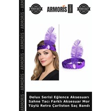 Armoris Delux Serisi Eğlence Aksesuarı Sahne Tacı Farklı Aksesuar Mor Tüylü Retro Çarliston Saç Bandı