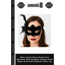 Armoris Delux Serisi Davet Ürünü Tarz Aksesuar Süet Kaplama Yandan Tüylü Beyaz Incili Parti Maskesi 20X23 cm