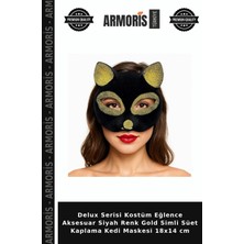 Armoris Delux Serisi Kostüm Eğlence Aksesuar Siyah Renk Gold Simli Süet Kaplama Kedi Maskesi 18X14 cm