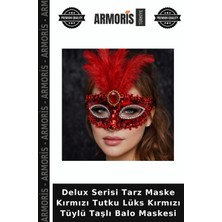 Armoris Delux Serisi Tarz Maske Kırmızı Tutku Lüks Kırmızı Tüylü Taşlı Balo Maskesi