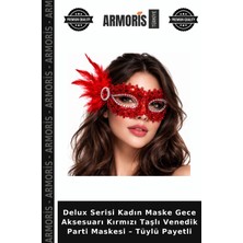 Armoris Delux Serisi Kadın Maske Gece Aksesuarı Kırmızı Taşlı Venedik Parti Maskesi – Tüylü Payetli
