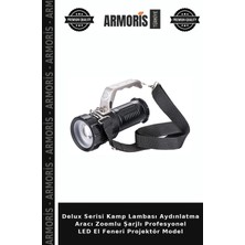 Armoris Delux Serisi Kamp Lambası Aydınlatma Aracı Zoomlu Şarjlı Profesyonel LED El Feneri Projektör Model