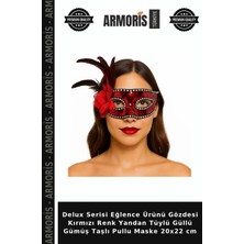 Armoris Delux Serisi Eğlence Ürünü Gözdesi Kırmızı Renk Yandan Tüylü Güllü Gümüş Taşlı Pullu Maske 20X22 cm