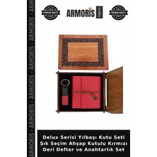 Armoris Delux Serisi Yılbaşı Kutu Seti Şık Seçim Ahşap Kutulu Kırmızı Deri Defter ve Anahtarlık Set