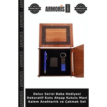 Armoris Delux Serisi Baba Hediyesi Dekoratif Kutu Ahşap Kutulu Mavi Kalem Anahtarlık ve Çakmak Set