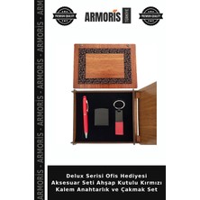 Armoris Delux Serisi Ofis Hediyesi Aksesuar Seti Ahşap Kutulu Kırmızı Kalem Anahtarlık ve Çakmak Set