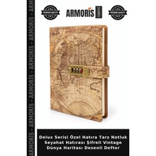 Armoris Delux Serisi Özel Hatıra Tarz Notluk Seyahat Hatırası Şifreli Vintage Dünya Haritası Desenli Defter
