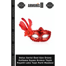 Armoris Delux Serisi Özel Gün Ürünü Kutlama Eşyası Kırmızı Tüylü Payetli Lüks Taşlı Parti Maskesi