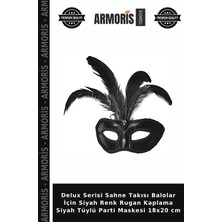 Armoris Delux Serisi Sahne Takısı Balolar Için Siyah Renk Rugan Kaplama Siyah Tüylü Parti Maskesi 18X20 cm