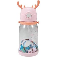 Happy Trend Home Geyik Boynuzlu Pipetli Su Matarası, 600 ml Su Şişesi, Çocuklar Için Eğlenceli ve Güvenli Içme Deneyimi, Bpa Içermeyen, Dayanıklı ve Renkli Suluk (Pembe)