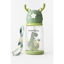 Happy Trend Geyik Figürlü Pipetli Su Matarası 700 ml Askılı Sticker Hediyeli Çocuk Suluk Gıda Sınıfı Plastik Kapaklı Sızdırmaz Matara Okul Spor Seyahat (Yeşil)