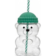 Happy Trend Home 580 ml Ayıcık Desenli Cam Bardak Pipetli Silikon Kapaklı Soğuk Kahve Bardağı Şeffaf Cam Kupa Sevimli Ayıcık Bardak Bubble Tea Smoothie Milkshake Meyve Suyu Içecek Bardağı Çocuk ve Yetişkin