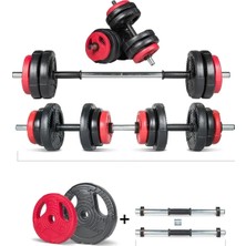 Happy Trend Spor Yıldız Serisi 17 kg Multifonksiyonel Kırmızı Siyah Halter Seti ve Dambıl Seti