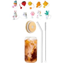Happy Trend 1 Adet Çilek Kapaklı Tıpa Cam Pipetli (9 Mm),siboplu Bambu Kapaklı,bardak ve 1 Adet Fırça,şeffaf