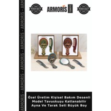 Armoris Özel Üretim Kişisel Bakım Desenli Model Tavuskuşu Katlanabilir Ayna ve Tarak Seti Büyük Boy