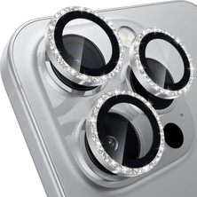 Happy Trend iPhone 14 Pro / 14 Pro Max Ile Uyumlu Elmas Kaplı Taşlı Kamera Lens Koruyucu Alüminyum Alaşım Çerçeveli Telefon Lensi Temperli Cam Koruma (Gümüş)