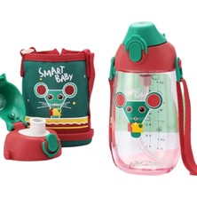 Happy Trend 480ML Kılıflı 2 Ayrı Kapaklı Pipetli/pipetsiz Tritan Çocuk Su Matarası Kırmızı-Yeşil