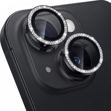 Happy Trend iPhone 14/14 Plus / 16E / 17E Ile Uyumlu Elmas Kaplı Taşlı Kamera Lens Koruyucu Alüminyum Alaşım Çerçeveli Telefon Lensi Temperli Cam Koruma (Siyah)