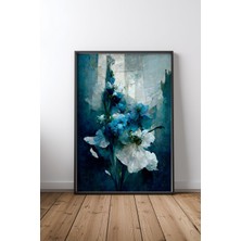 Keyf Home Blue Flower Bouquet Siyah Çerçeveli Mdf Tablo Poster Salon Duvar Dekoru Hediye