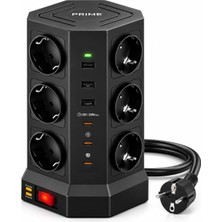 Happy Trend 12'li Akım Korumalı Kule Priz 3680W - 1050J Koruma, PD20 Destekli 3 Usb-A + 2 Usb-C, 2 Metre Kablolu Dikey Çoklu Uzatma Prizi Grup Priz 12'li Fiş 12 Çıkışlı Priz