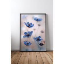 Keyf Home Blue Flowers Siyah Çerçeveli Mdf Tablo Poster Salon Duvar Dekoru Hediye