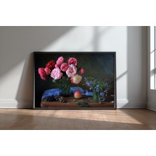 Keyf Home Pink Roses And Lobelia Siyah Çerçeveli Mdf Tablo Poster Salon Duvar Dekoru Hediye