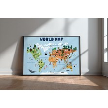 Keyf Home World Map For Kids Siyah Çerçeveli Mdf Tablo Poster Salon Duvar Dekoru Hediye