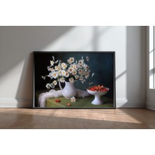 Keyf Home White Daisies And Cherries Siyah Çerçeveli Mdf Tablo Poster Salon Duvar Dekoru Hediye