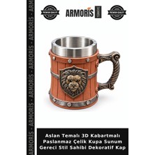 Armoris Aslan Temalı 3D Kabartmalı Paslanmaz Çelik Kupa Sunum Gereci Stil Sahibi Dekoratif Kap