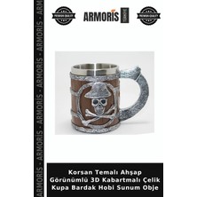 Armoris Korsan Temalı Ahşap Görünümlü 3D Kabartmalı Çelik Kupa Bardak Hobi Sunum Obje