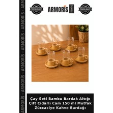 Armoris Çay Seti Bambu Bardak Altığı Çift Cidarlı Cam 150 ml Mutfak Züccaciye Kahve Bardağı