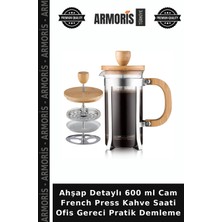 Armoris Ahşap Detaylı 600 ml Cam French Press Kahve Saati Ofis Gereci Pratik Demleme