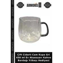Armoris Çift Cidarlı Cam Kupa Gri 450 ml Ev Aksesuarı Kahve Bardağı Yılbaşı Hediyesi