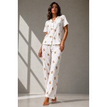 Novalisse Kadın Klasik Doğal Düğme Gece Kırık Beyaz Pijama Takımı