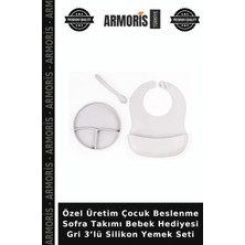 Armoris Özel Üretim Çocuk Beslenme Sofra Takımı Bebek Hediyesi Gri 3’lü Silikon Yemek Seti