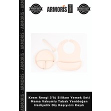 Armoris Krem Rengi 3’lü Silikon Yemek Seti Mama Vakumlu Tabak Yenidoğan Hediyelik Diş Kaşıyıcılı Kaşık