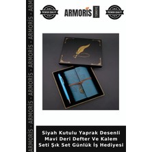 Armoris Siyah Kutulu Yaprak Desenli Mavi Deri Defter ve Kalem Seti Şık Set Günlük Iş Hediyesi